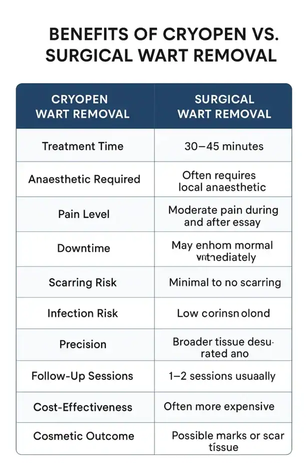 Table showing the benefits of cryopen to remove warts Didcot compared to surgical treatment